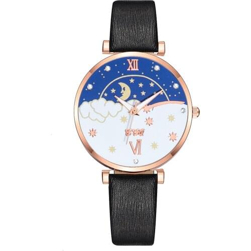 Tendencia de mujer 2020 New Fashion Sun Moon Star Rhinestone Watch Ladies Personality Leather Strap Casual Woman Watch