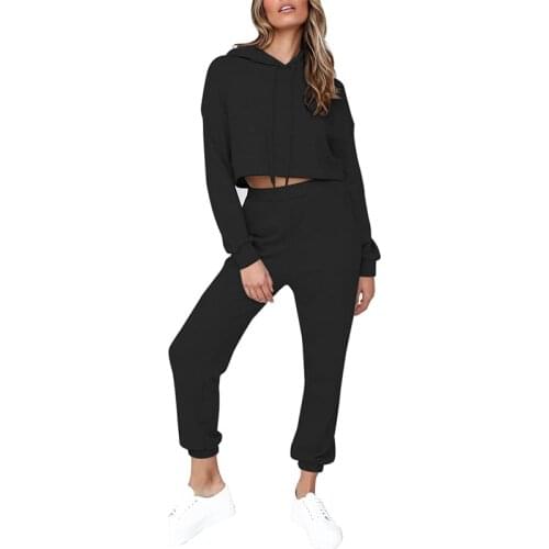 Women Two Piece Set Cropped Hoodies+Sportpants Suits 2021 Autumn Casual Loose Solid Color Long Sleeve Drawstring Sweatpants