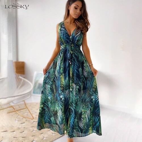 Sexy Deep V Neck Print Boho Sleeveless Backless Maxi Dress 2021 Summer Casual Tank Vintage Long Dresses For Women Robe Femme