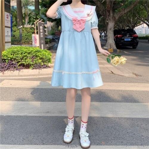 2021 Summer Fairy Princess Dress Japanese Soft Girls Bunny Ear Navy Collar Short Sleeve Dress Cute Bowknot Patchwork Dresses