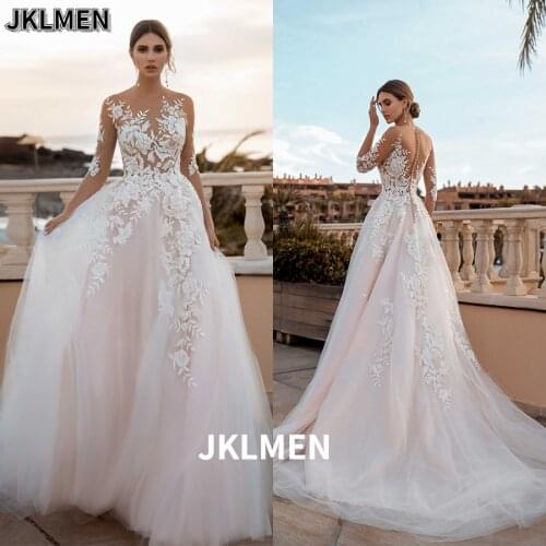 2021 Sheer 3/4 Sleeves See Through Floral Applique Blush Wedding Dress Sexy Illusion Lace Wedding Dresses