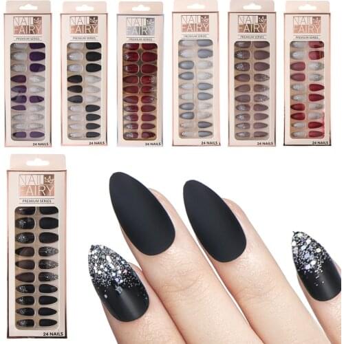 24PCS/Set Shiny Full Cover Ballerina Fake Nails Reusable Acrylic Nail Extension Tips Glitter Manicure DIY Beauty Tools With Glue