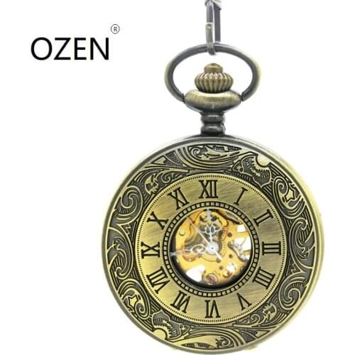 8002) 6pcs/lot vintage brass colors Engraved Mechanical Pocket Watch.roman number free shipping