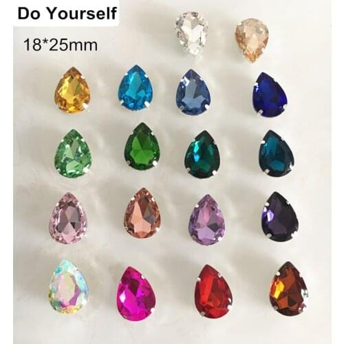 Free Shipping -28 pcs/lot 14 Colors 18*25mm Teardrop Faceted Jewel Glass Gems Stones with Silver Metal Base Sew On Glass Crystal