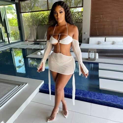 BKLD Women Clothes 2021 Spring And Summer Solid Color Halter Off The Shoulder Long Sleeve Mesh See-Through Patchwork White Dress