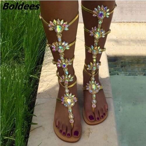 Boldees Fashion Knee High Buckle Strap Flat Sandals Summer Rhinestone Women Gladiator Sandals Bohemia Style Crystal Beach Shoes