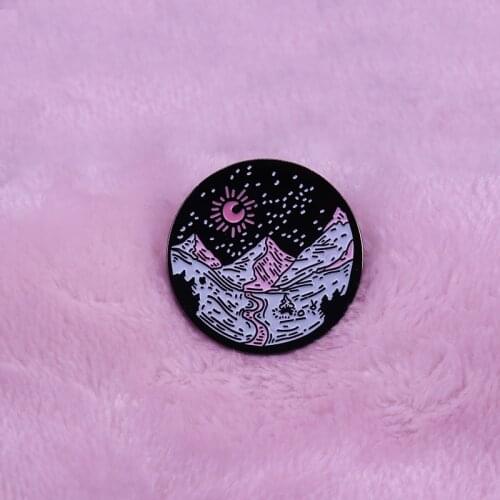 Night sky sunset brooch Mountain enamel pin adventure jewelry exploring nature forest badge