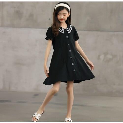 Black Casual Button Up Shirt Dress Girls School Preppy Style Girl Clothing Kawaii Cotton Short Girls Dress Child Girl Clothes
