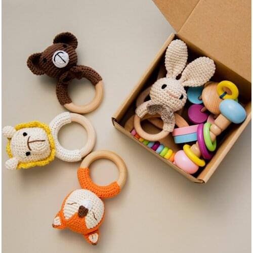 Baby Toys Crochet Rattle Sets Safe Wooden Grip Toys Cartoon DIY Crochet Rattle Educational Essential For Comforting Newborn