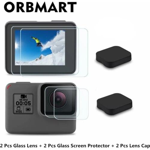 ORBMART 6 Pcs(Every 2 Pieces) Lens Cap Cover Case + Glass Lens and Screen Protector Film For Gopro Hero 5 6 7 Black Camera