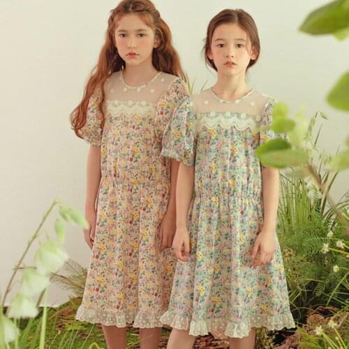 Girls Summer Dress French Puff Sleeve Kids Floral Dress Cotton Retro Mesh Lace Patchwork Children Princess Dresses 2 3 4 Years