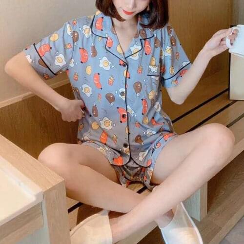 Printing summer Short Sleeve Silk Pajamas Set Two Pieces Set Women Sleepwear Sexy Nightwear for Women Sleeping set