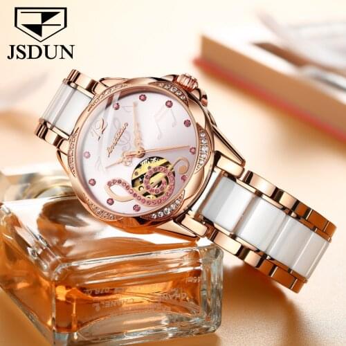 JSDUN Mechanical Ladies Watch Fashion Waterproof Luxury Brand Ladies Watch Automatic Ceramic Hollow Design montre femme 8820