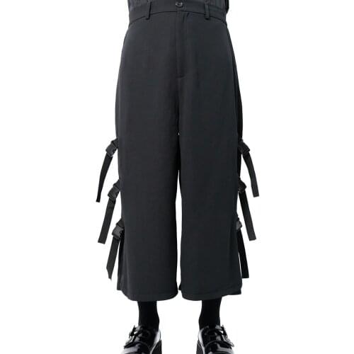 Mens casual pants, wide leg pants, skirt pants, schoolbag buckle, multi buckle, original fashion, personalized pants fashion