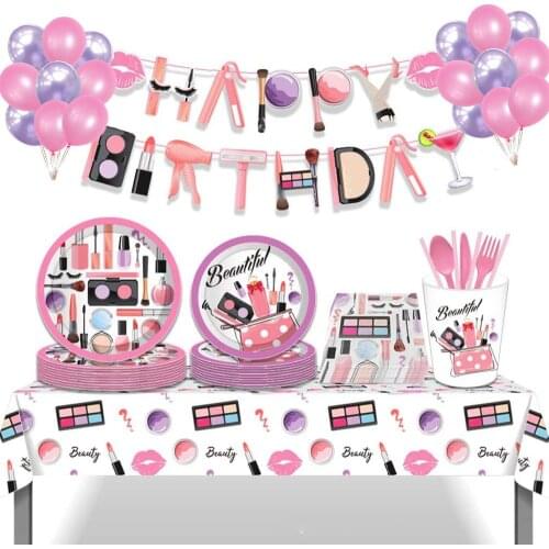 Makeup Party Supplies Disposable Tableware SPA Plate Cup Straw Napkin Balloon for Birthday Girls Party Spa Party Decorations