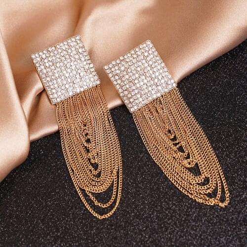 Chunky layer Chain Tassel Earrings Party Full Rhinestone Square Stud Earrings Women Girls Long Fringe Earrings Gift