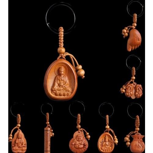 New Arrival Lucky Jewelry Peach Wood Carving Buckle Buddha Pendant Keychain For Car Bag Keyring Wholesale