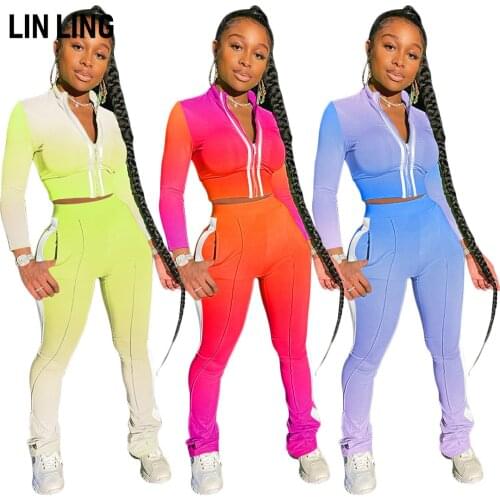 LINLING Casual Sport Stand Collar Short Jacket Side Stripe Stitching Long Sleeve with Pocket Pants Gradient Suit