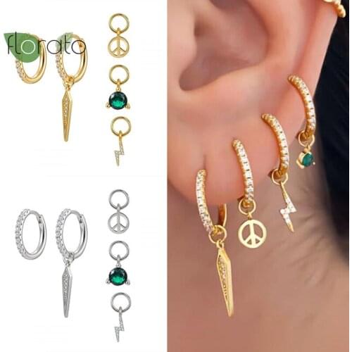 Green Crystal Lightning Adjustable Pendant Huggie Earrings 925 Sterling Silver Hoop Earrings for Women Jewelry Christmas Gifts