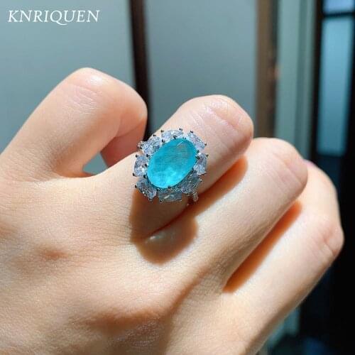 Luxury Womens 925 Sterling Silver Ring 8*12mm Paraiba Tourmaline Blue Stone Aquamarine Diamonds Rings for Female Fine Jewelry