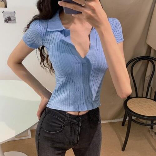 Polo Shirts women Crop Top Female Vintage Ribbed Clothes Cropped Tees with Button Knitted Solid Slim Knit Casual Sweetshirts Top