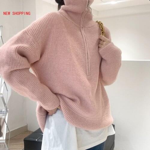 Solid Color Sweater NEW 2020 Women Chic Zipper Turtleneck Warm Sweaters pink Fall Winter Fashion Loose Simple Knitted Pullovers