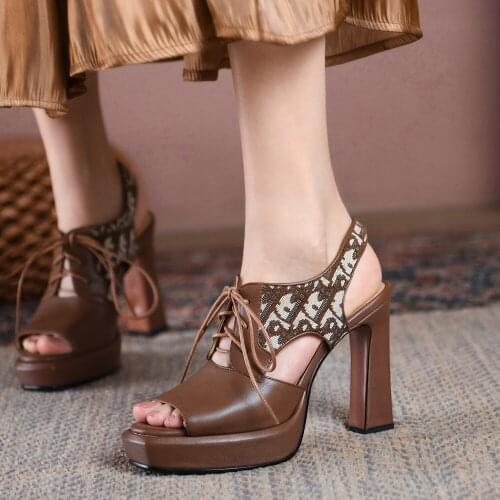 2021 Fashion Women High Heel Summer Shoes Ladies Leather Black/Brown Platform Sandals Womens Chunky Heels Pumps For Girls 34-39
