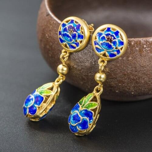 925 Sterling Silver Drop Earrings Lotus enamel roasted blue earrings for Women Party Gift Luxury earrings