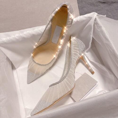 Womens shoes spring 2021 new wild pointed stiletto flat shoes wedding shoes fairy style single shoes mesh high heels