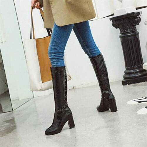 Plus Size 34-43 Womens Winter Boots Thick High Heels Boots Autumn Shoes Woman Women Knee High Boots Patent Leather Cindy Colors