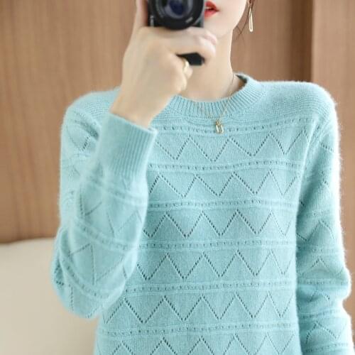 21 New ladies O-neck sweater hollow knit full sleeves fashion high-end 100% cashmere wool sweater pure color bottoming pullover