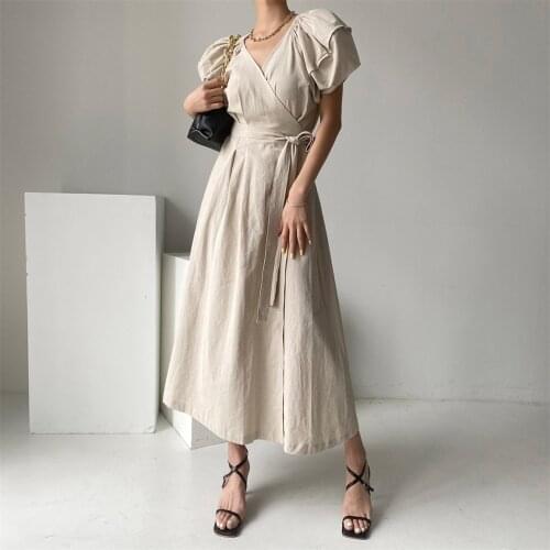 Alien Kitty V-neck Lace Up Puff Sleeves Chic Femme Pure Fashion 2021 Retro Summer Women New Dress A-Line Office Lady Vestidos