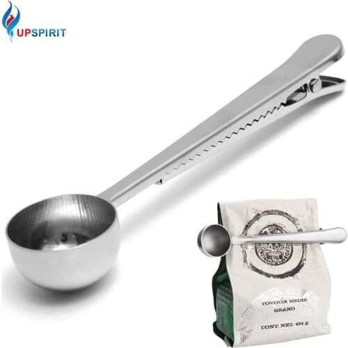 Upspirit 1 Pc Silver Stainless Steel Ground Coffee Tea Measuring Scoop Spoon With Bag Seal Clip Professional Kitchen Bar Tool