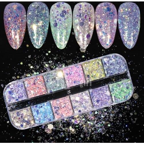 12 Grids Nail Mermaid Glitter Flakes Sparkly 3D Hexagon Colorful HOLO Sequins Spangles Polish Manicure Nails Art Decorations