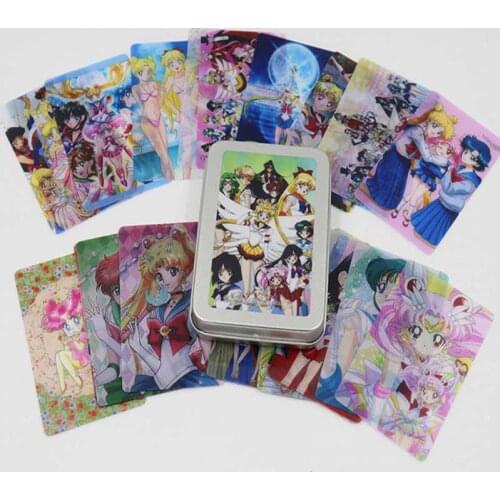30PCS Sailor Tsukino Game Cards Iron Box Character Table Playing Toys For Family Children Gift