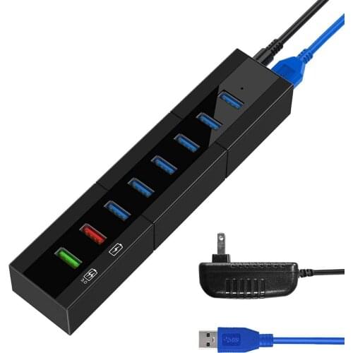 8 Ports USB 3.0 Hub with 6 Ports for Data Transmission and 2 Ports for High Speed Charging and 36W Power Adapter USB 3.0 Cable