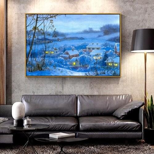 Artcozy Oil Canvas Painting painting_winter_village_home_night_month_snow For Home Decoration Wall Art