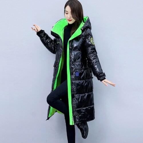 X-long Printing Parkas Female Winter 2021 Hooded Thick Puffer Jacket Women Korean Style Cotton Padded Shiny Glossy Coat Ladies