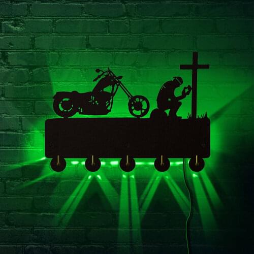 The Christian Biker Praying At Cross Motorcycle Wooden LED Lighted Wall Hook Clothes Key Hanger Motorbike Riders Motorcyclist