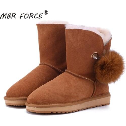 MBR FORCE 2020 Classic Crystal Pom-pom Brooch Women Winter Shoes fox Fur Ball Sheepskin Suede Leather Lined Women Snow Boots