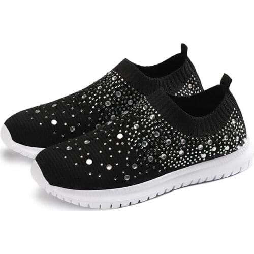 Bling Womens Slip on Shoes Flat Crystal Sports Sneakers Summer Diamond Breathable Sneakers with Rhinestones for Ladies