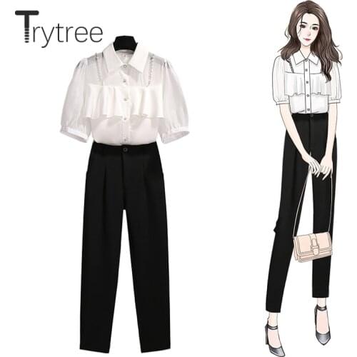 Trytree Summer Women Two Piece Set Casual Single Breasted Pearls Shirt + Pockets Ankle-Length Pants Office Lady 2 Piece Suit
