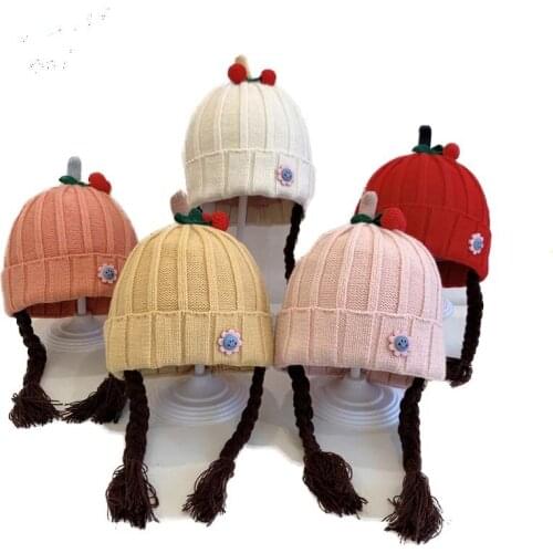 Hot 1-4 Y Girls Hat Kids Hand Knitted Caps With Braids Children Autumn Winter baby Wigs Hat Plaits Wig Bonnet Photo Accessories