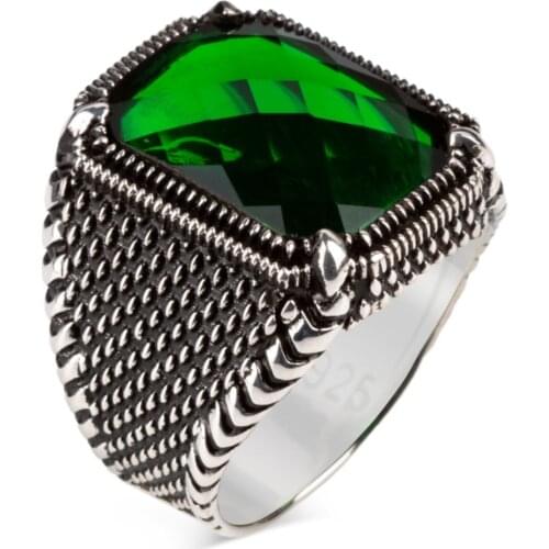 Green Zircon Stone Silver Male Ring stylish design detailed custom production male ring