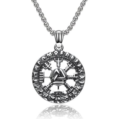 Viking Nordic Rune Compass Necklaces Vintage Round Pendant for Him Men Stainless Steel Retro Necklace Punk Jewelry