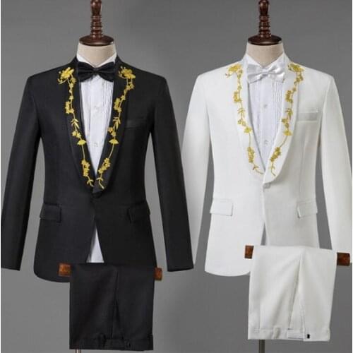 Collar embroidered blazer men groom suit set with pants mens wedding suits costume singer star style stage clothing formal dress