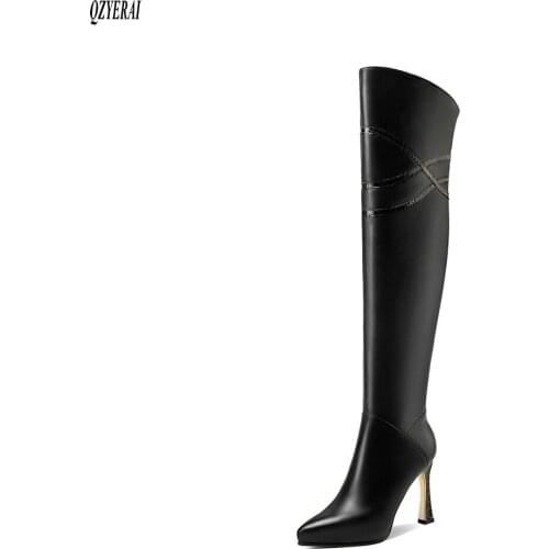 New winter style Genuine leather Knee-high boots Women boots fashion warm 10cm heel Female boots 100% cowhide Women shoes