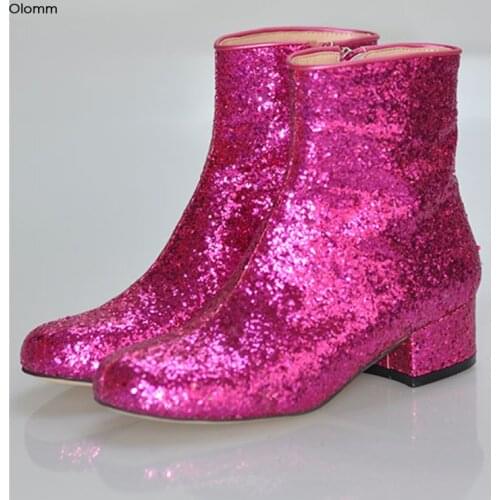 Olomm Women Glitter Ankle Boots Comfort Square Low Heels Boots Round Toe Gorgeous Fuchsia party Shoes Women Plus US Size 5-15