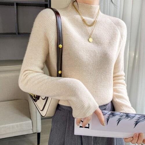 Autumn Winter Thick Women Cashmere Wool Knitted Ribbed Pullover Sweater Long Sleeve Mockneck Slim Soft Warm Femme