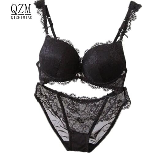 QIZHIMIAO New Girl sexy lace bra set gather adjustable underwear sets for women A B C Cup